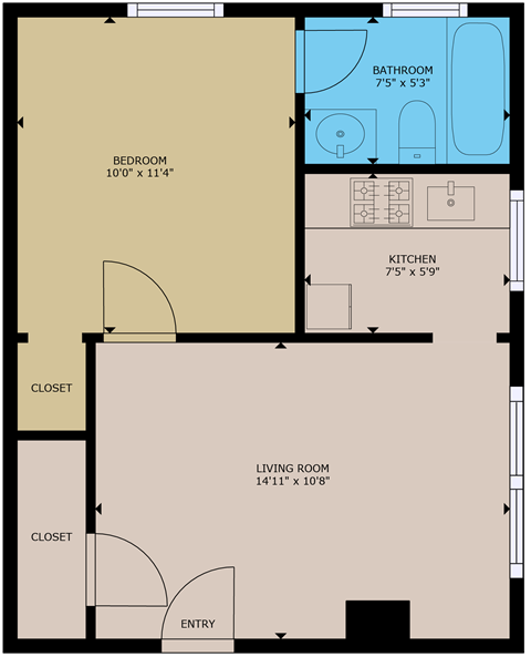 floor plan of the one bedroom h floor plan at the dahlia apartments for rent in Washington dc