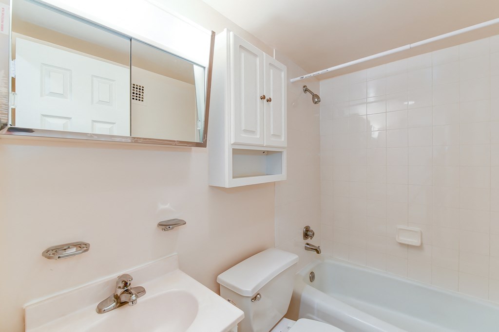 bathroom with toilet, vanity, tub, and medicine cabinet at twin oaks apartments columbia heights washington dc