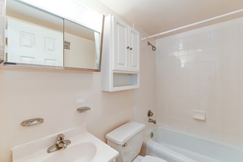 bathroom with toilet, vanity, tub, and medicine cabinet at twin oaks apartments columbia heights washington dc - Photo Gallery 9