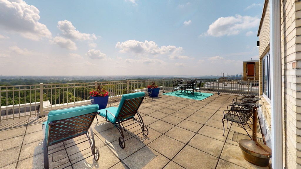 Sherry hall roof deck with loungers and table seating in Washington DC