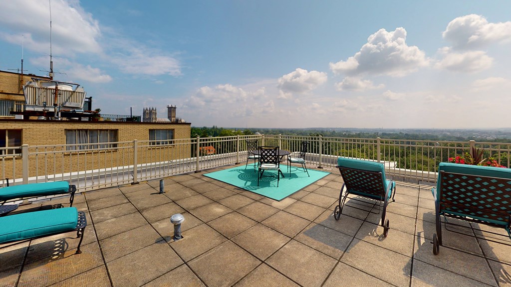 Sherry Hall roofdeck with loungers and a view of the National Cathedral in Washington DC