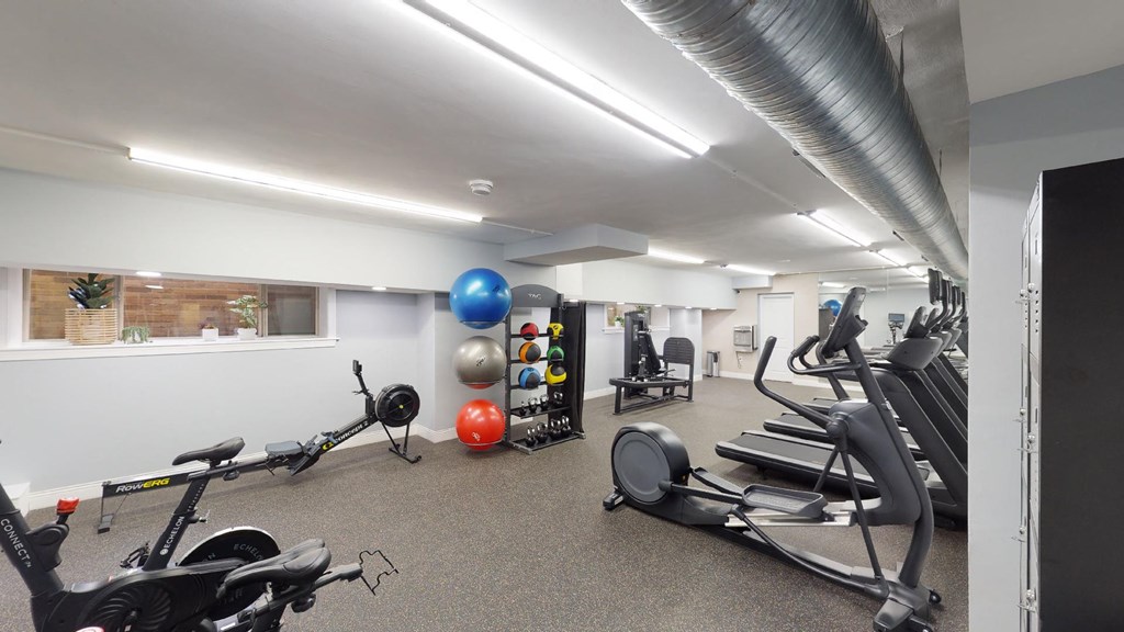 fitness center with exercise balls, and cardio machines at 2800 woodley apartments in washington dc