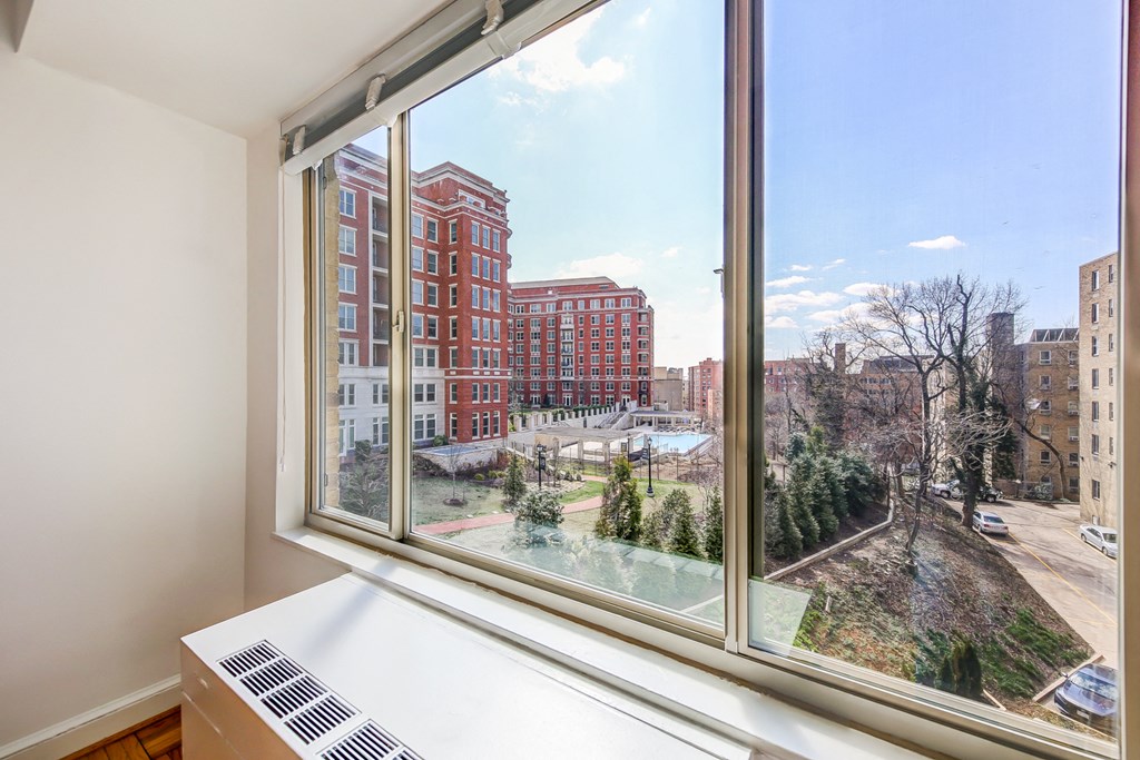 living area view from large window at 2800 woodley road apartments in woodley park washington dc