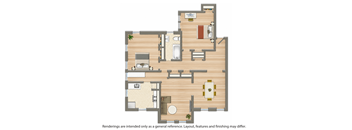 A floor plan of a house with a kitchen, living room, and two bedrooms.
