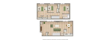A floor plan of a house with two bedrooms, a living room, a kitchen, and a bathroom.