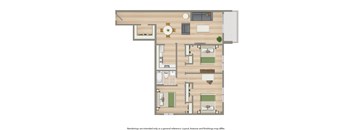 A floor plan of a house with a kitchen, living room, and two bedrooms.