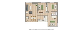 3 bedroom apartment floor plan rendering at washington view apartments in washington dc