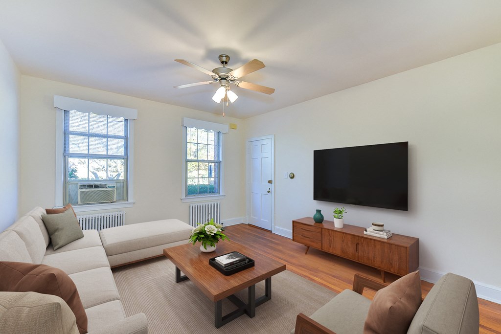 a living room with a couch and a coffee table