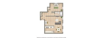 one bedroom apartment floor plan rendering at 4031 davic place apartments in washington dc