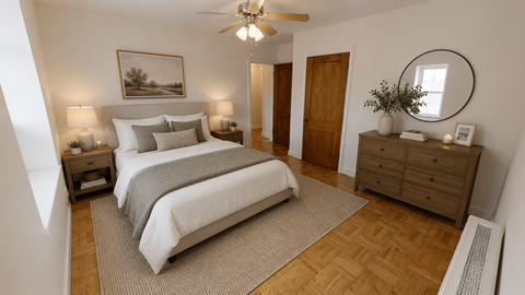 A bedroom with a large bed, a wooden dresser, and a ceiling fan.