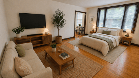 A well-lit bedroom with a large bed and a couch.