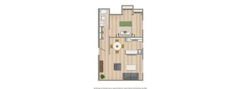 A floor plan of a small apartment with a bedroom, living room, and kitchen.