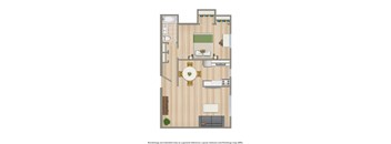 A floor plan of a house with a living room, dining room, kitchen, and two bedrooms.