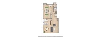 A floor plan of a house with a living room, dining room, kitchen, and two bedrooms.
