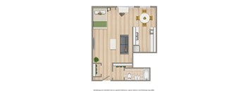 A floor plan of a house with a kitchen, living room, and bathroom.