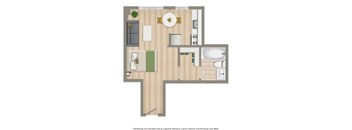 A floor plan of a house with a kitchen, living room, and bathroom.