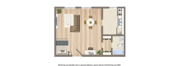 studio apartment floor plan rendering at alpha house apartments in washington dc