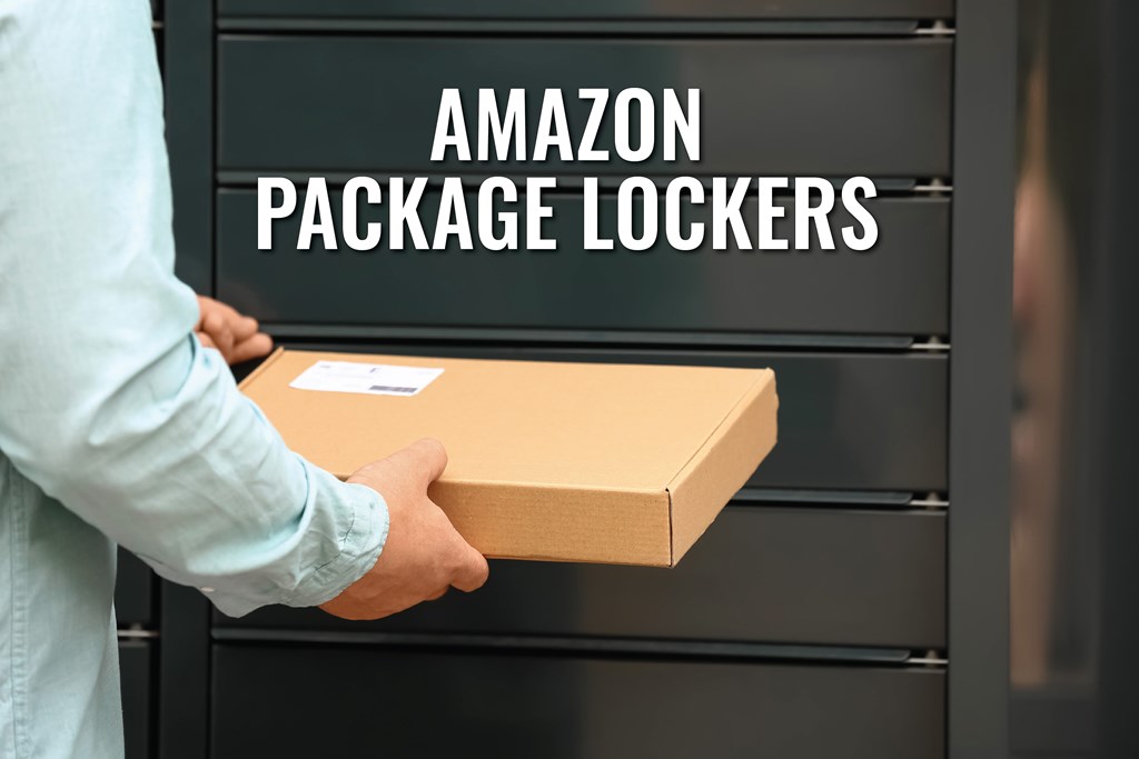 A person holding a package in front of a locker with the words "Amazon Package Lockers" on it.