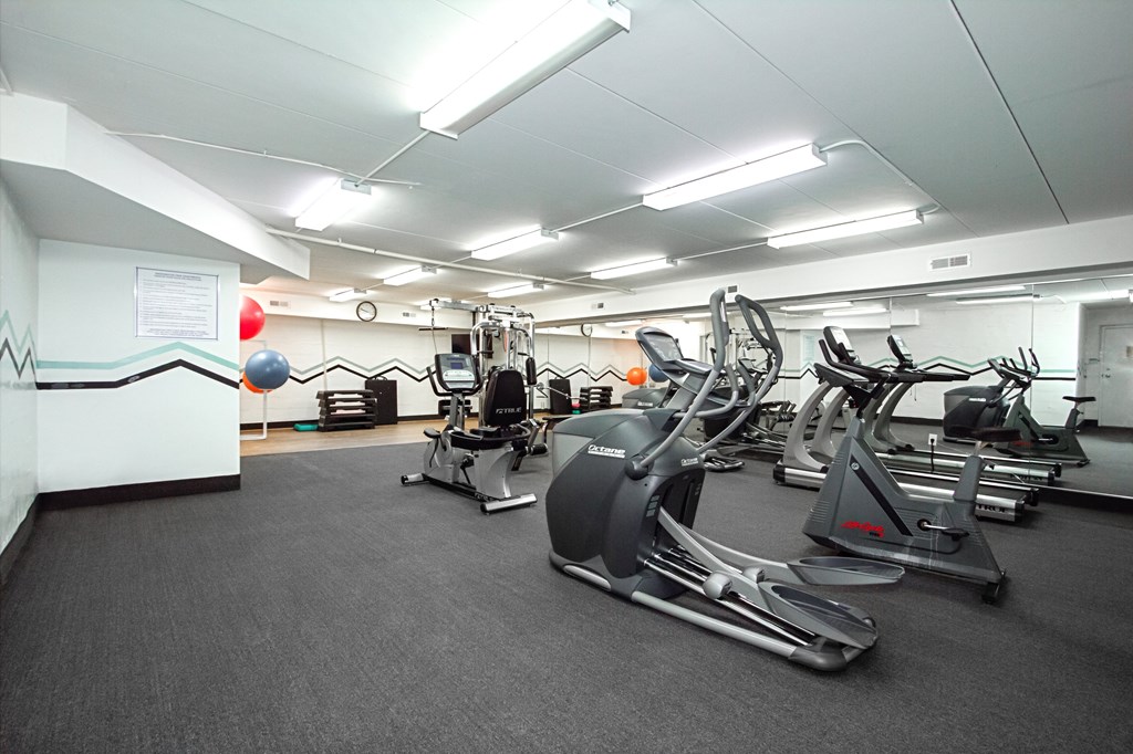 A gym with a variety of exercise equipment.