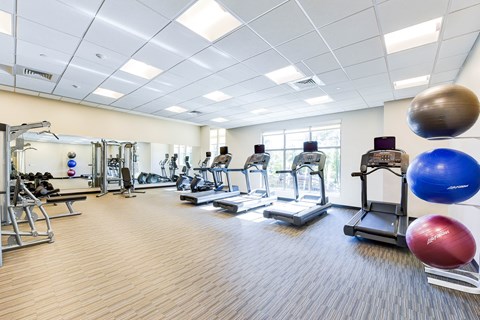 fitness center with exercise balls, cardio machines and large windows at archer park apartments in southeast Washington dc