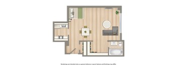 a rending of a studio floor plan of the apartment at baystate in washington dc