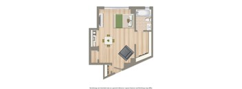 studio apartment floor plan rendering at baystate apartments in washington dc