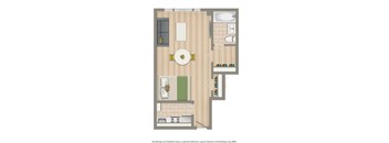 A floor plan of a room with a dining table, a couch, a bed, and a bathroom.