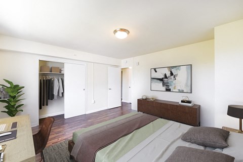 a bedroom with a bed and a dresser and a closet
