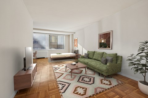 A living room with a green couch and a rug with a geometric pattern.