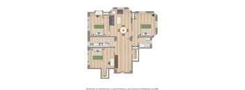 A floor plan of a house with a kitchen, living room, and two bedrooms.