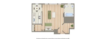 a floor plan of a small apartment with a bathroom and a bedroom