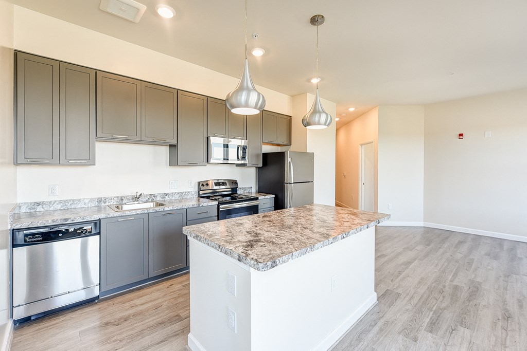 kitchen with stainless steel appliances, island, hardwood floors and modern lighting at city view apartments in washington dc