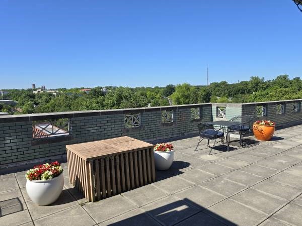 A wooden table and chairs are on a patio with potted plants.