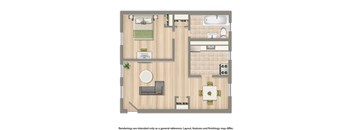 one bedroom floor plan apartment rendering at the colonnade apartments in washington dc