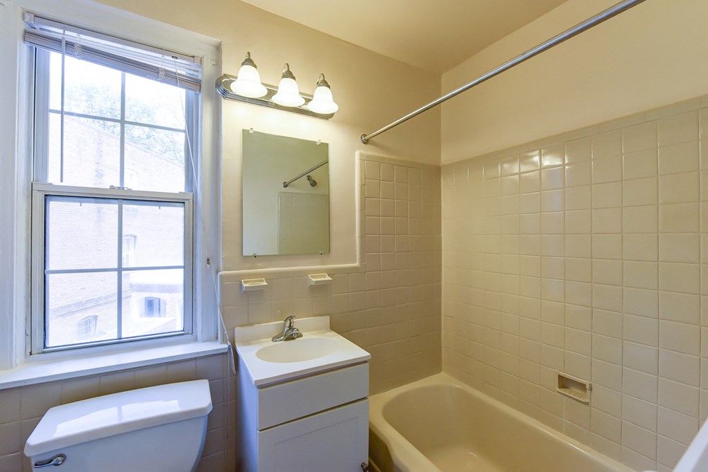 bathroom with vanity, mirror, tub, toilet and window at colonnade apartments in washington dc
