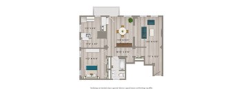cortland one bedroom apartment floor plan rendering