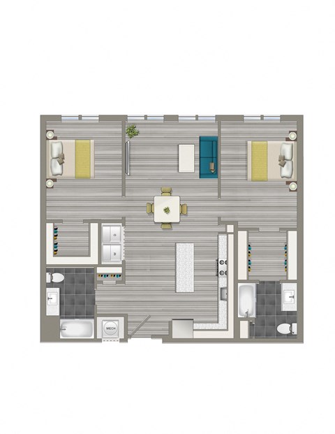 rendering of a 2 bedroom apartment at crest at skyland town center in washington dc