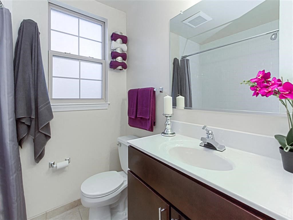 bathroom with tub, vanity, toilet and window at fairway park apartments in washington dc
