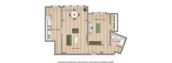 1 bedroom floor plan rendering at the dahila apartments in takoma washington dc