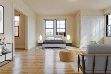 studio bedroom area with bed, nightstands, large windows and view of living area at the dahlia apartments in washington dc