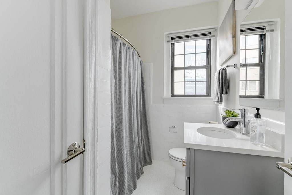 bathroom with toilet, vanity, tub, and window at the dahlia apartments in washington dc