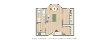 A floor plan of a house with a kitchen, living room, and bathroom.