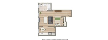 rendering of a studio apartment at crest at the foreland apartments in washington dc