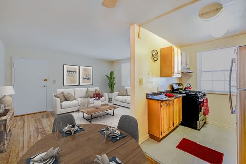 living area, dining area and kitchen at garden village apartments in congress heights washington dc