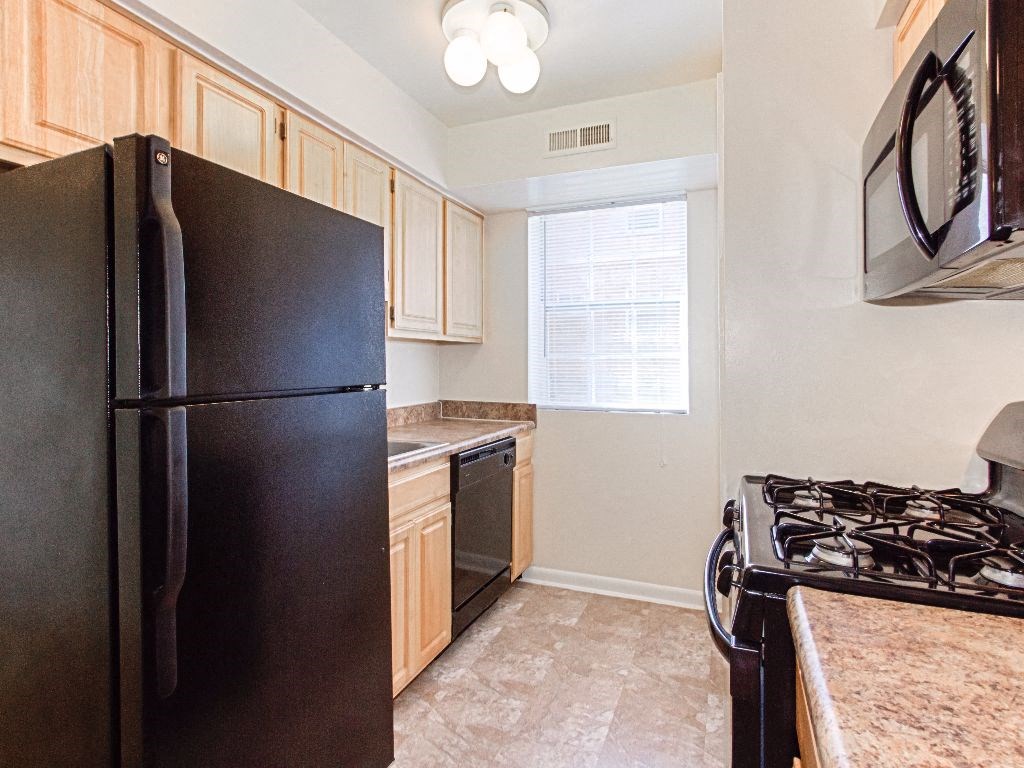 kitchen with refrigerator, gas range and window at grandview village apartments in shipley terrace washington dc