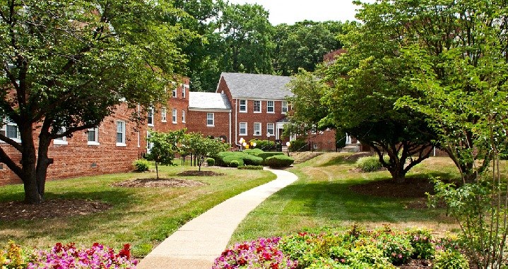 exterior of brick apartment building  at hillside terrace apartments in washington dc