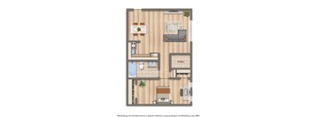 one bedroom apartment floor plan rendering at halley house apartments in washington dc