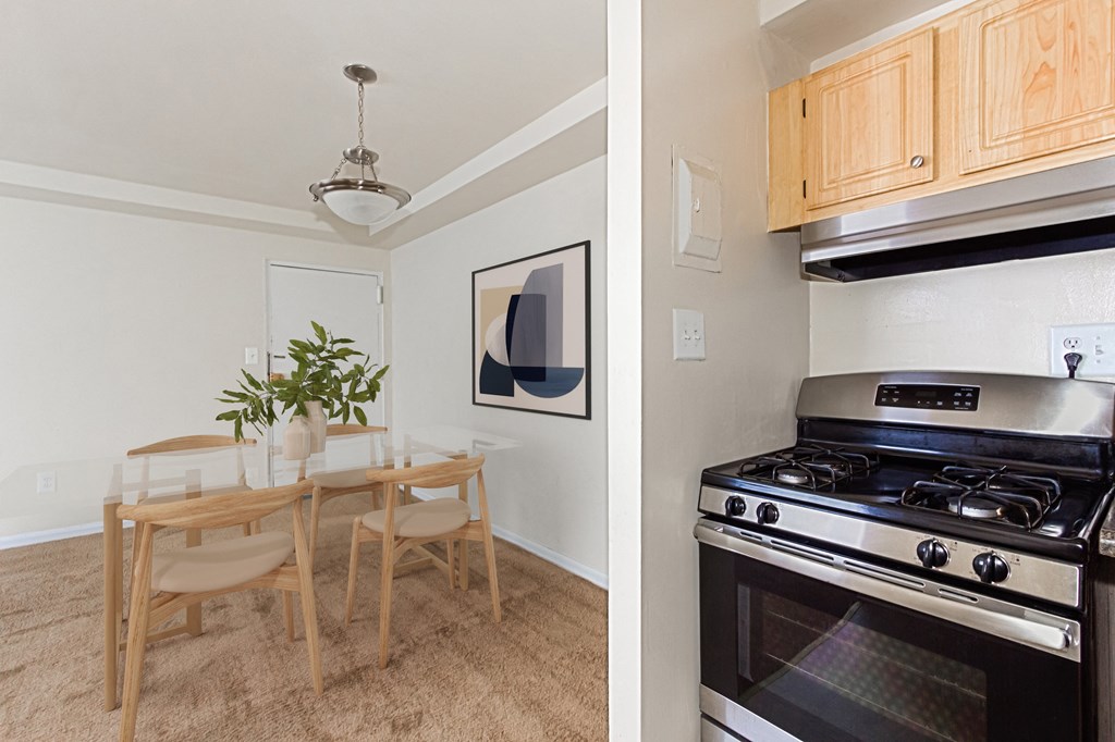 a kitchen and a dining room with a stove and a table at halley house apartments in washington dc