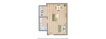 studio apartment floor plan rendering at halley house apartments in washington dc