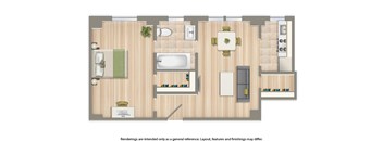 A floor plan of a house with a kitchen, living room, dining room, and bathroom.